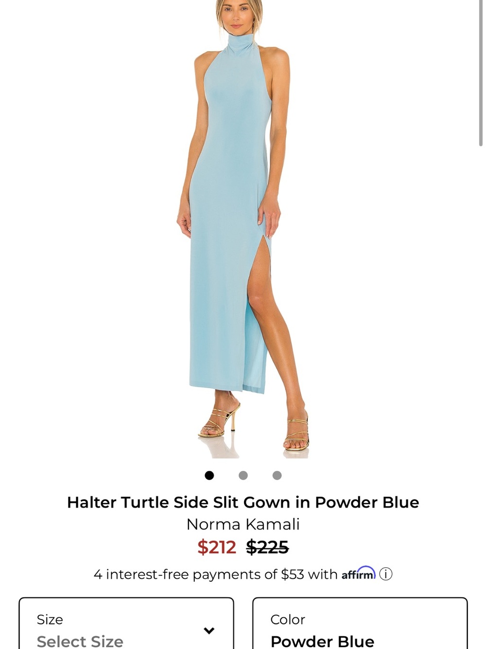 Norma Kamali Powder Blue Halter Turtle Neck Side-Slit Maxi Dress